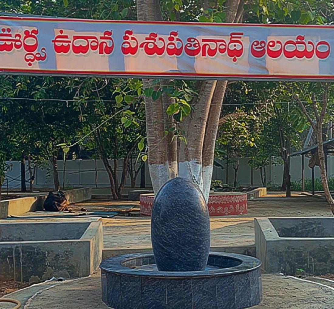 The standing Shiva Lingam under a tree, with a red banner above
